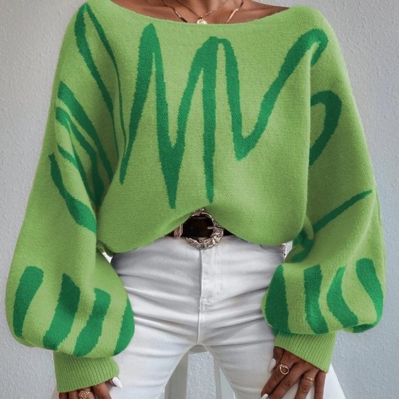 . Sweaters - graphic print lantern sleeve sweater green